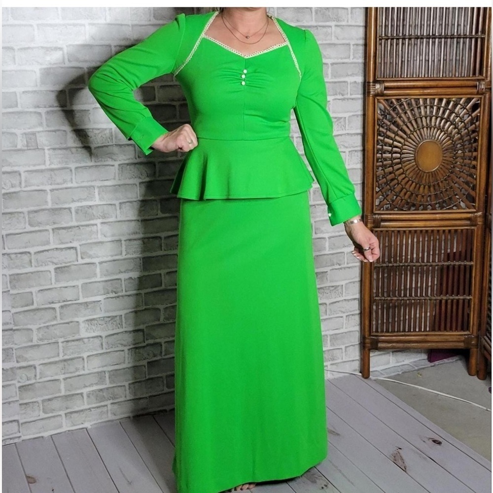 Vintage Kelly green peplum full length maxi dress est sz Med/Large
